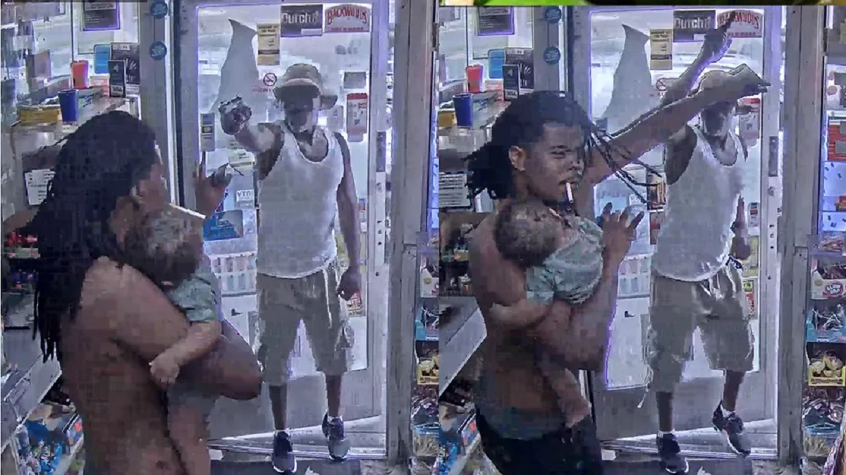 VIDEO: FATHER GETS SHOT AT WHILE HOLDING HIS BABY INSIDE GAS STATION