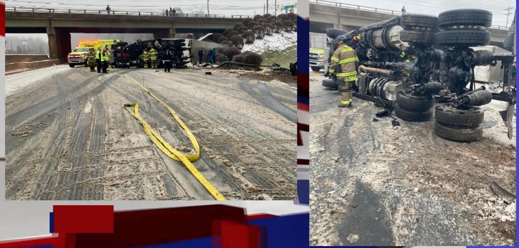 18 WHEELER TRUCK FLIPS UPSIDE DOWN in snow