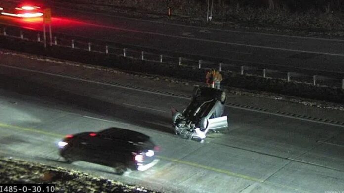 SPEEDING CAR FLIPS OVER ON I-485 BEFORE BIG SNOW