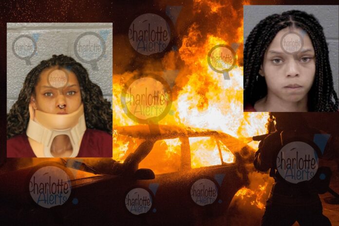 WOMAN IN NECK BRACE ARRESTED, ACCUSED OF RUNNING OVER MAN NEAR ROZZELLES FERRY ROAD, CAR CAUGHT FIRE